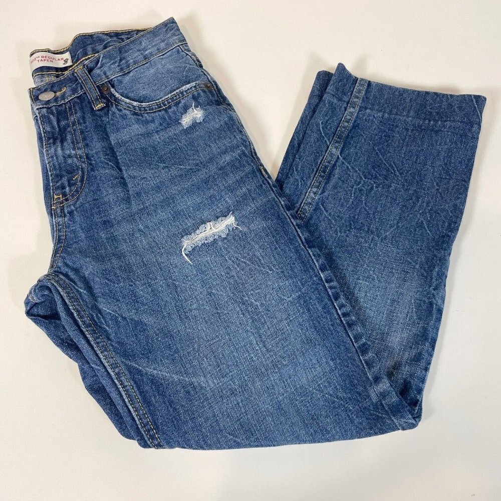 Levis Youth 502 Regular Tapered Jeans Distressed Denim Blue 27X29 Mid Rise Dark